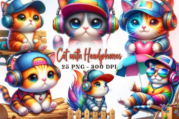 Download Colorful Cat with Headphones Sublimation - Headphones Collection